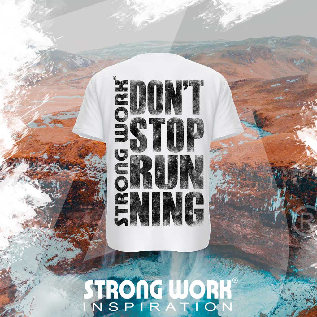 T-SHIRT EN COTON BIO STRONG WORK GRUNGE DON&#39;T STOP RUNNING POUR FEMME VUE DOS - SPORTWEAR ECO-RESPONSABLE