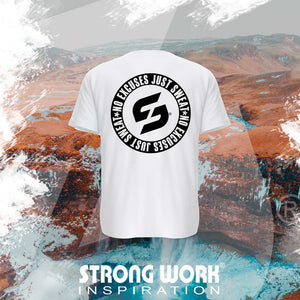 T-SHIRT EN COTON BIO STRONG WORK NO EXCUSES JUST SWEAT BLACK EDITION POUR HOMME VUE DOS - VETEMENT DE SPORT ECO-RESPONSABLE