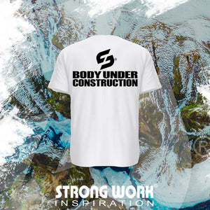 T-SHIRT EN COTON BIO STRONG WORK BODY UNDER CONSTRUCTION POUR FEMME VUE DOS- SPORTSWEAR ECO-RESPONSABLE