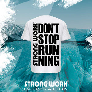 T-SHIRT EN COTON BIO STRONG WORK DON'T STOP RUNNING POUR FEMME VUE DOS - SPORTSWEAR ECO-RESPONSABLE