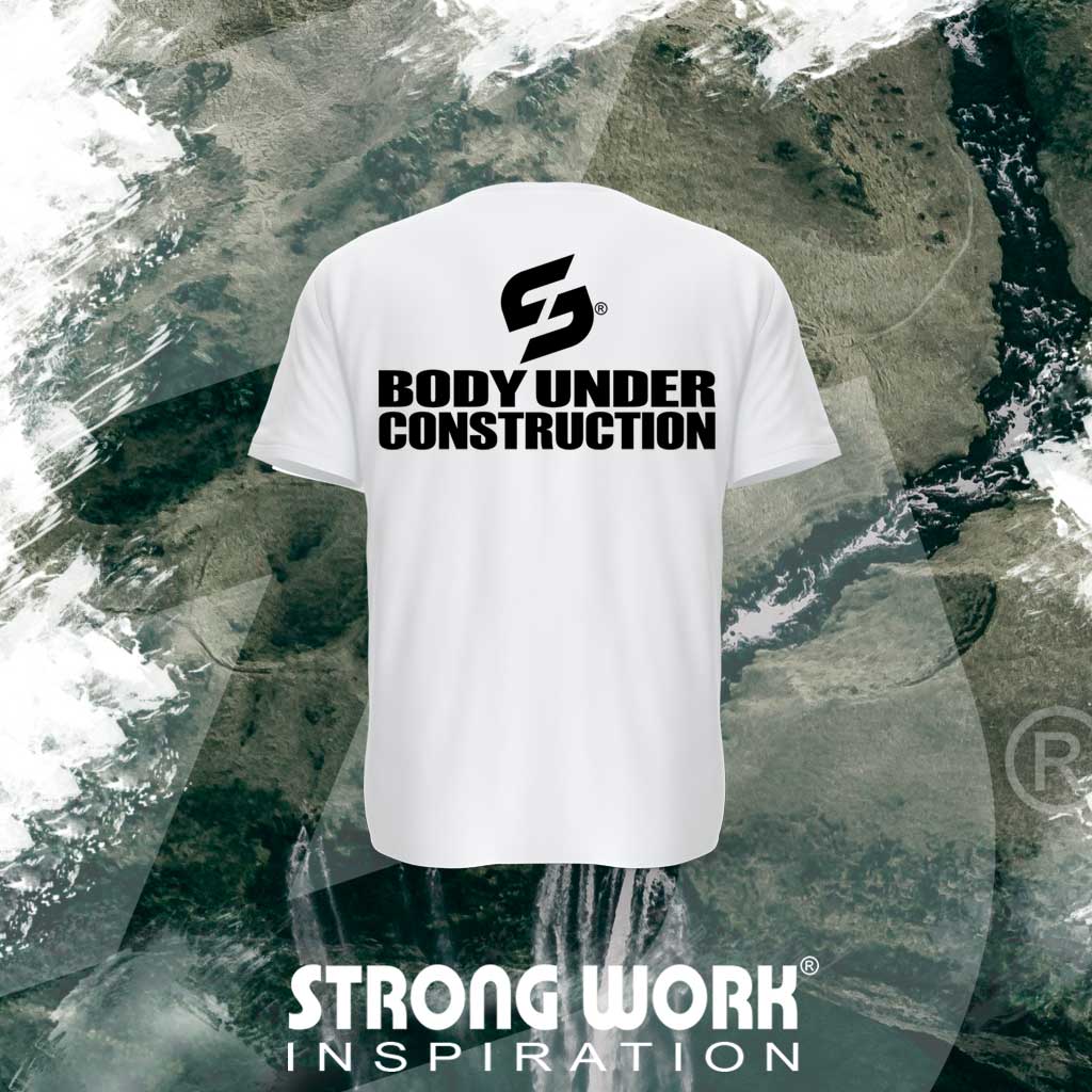 T-SHIRT EN COTON BIO STRONG WORK BODY UNDER CONSTRUCTION POUR HOMME VUE DOS- VETEMENT DE SPORT ECO-RESPONSABLE