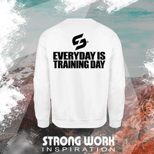 SWEAT-SHIRT EN COTON BIO STRONG WORK EVERYDAY IS TRAINING DAY POUR HOMME VUE DOS - SPORTSWEAR ECO-RESPONSABLE