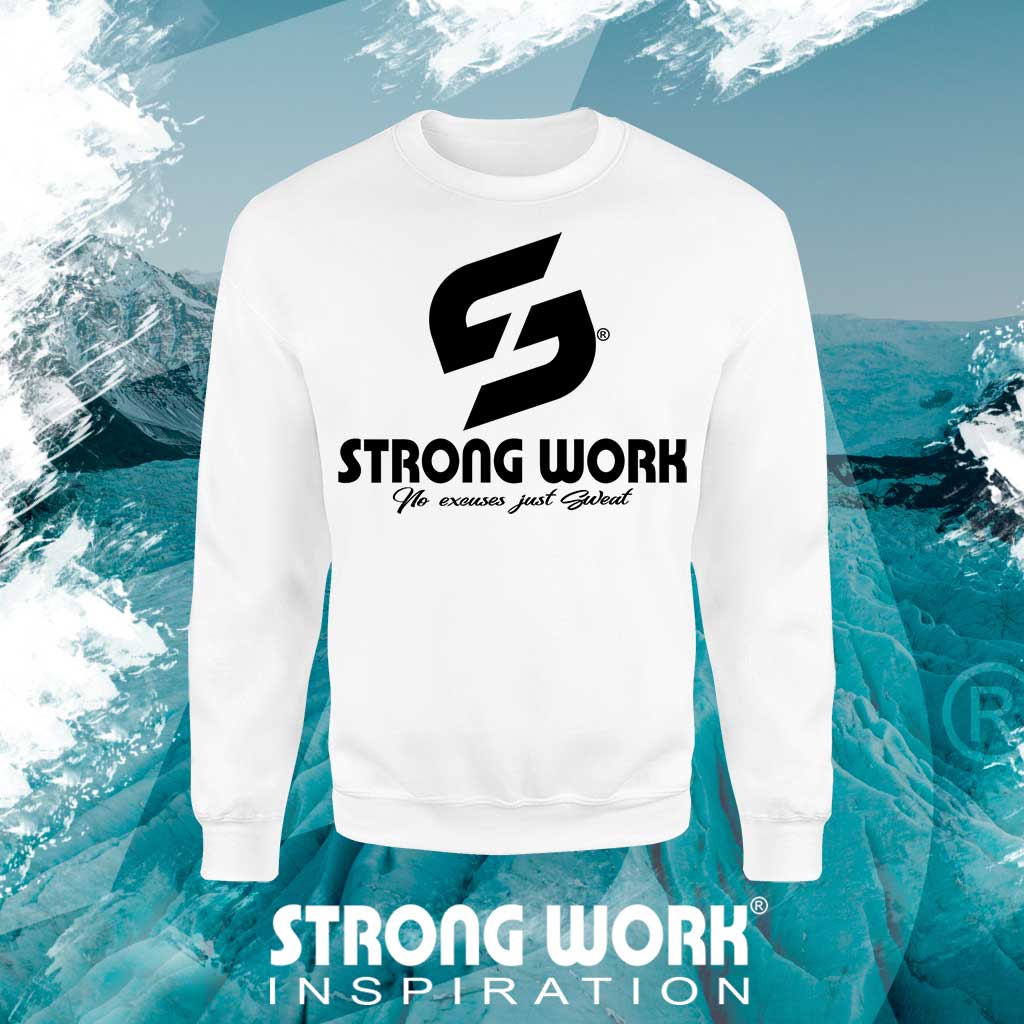 SWEAT-SHIRT EN COTON BIO STRONG WORK ME DEMANDE PAS SI JE SUIS FATIGUE MAIS SI J'AI TERMINE POUR HOMME VUE DOS - VETEMENT DE SPORT ECO-RESPONSABLE