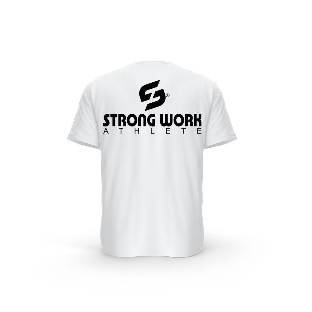 T-SHIRT- COTON-BIO-STRONG-WORK-ATHLETE-BLANC-DOS-FEMME
