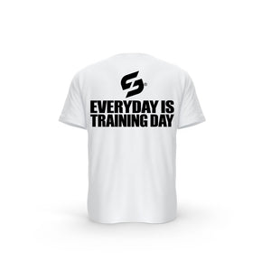 T-SHIRT- COTON-BIO-STRONG-WORK-EVERYDAY-IS-TRAINING-DAY-BLANC-DOS-FEMME
