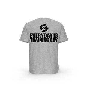 T-SHIRT- COTON-BIO-STRONG-WORK-EVERYDAY-IS-TRAINING-DAY-GRIS-CHINE-DOS-HOMME