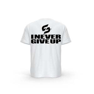 T-SHIRT- COTON-BIO-STRONG-WORK-I-NEVER-GIVE-UP-BLANC-DOS-HOMME