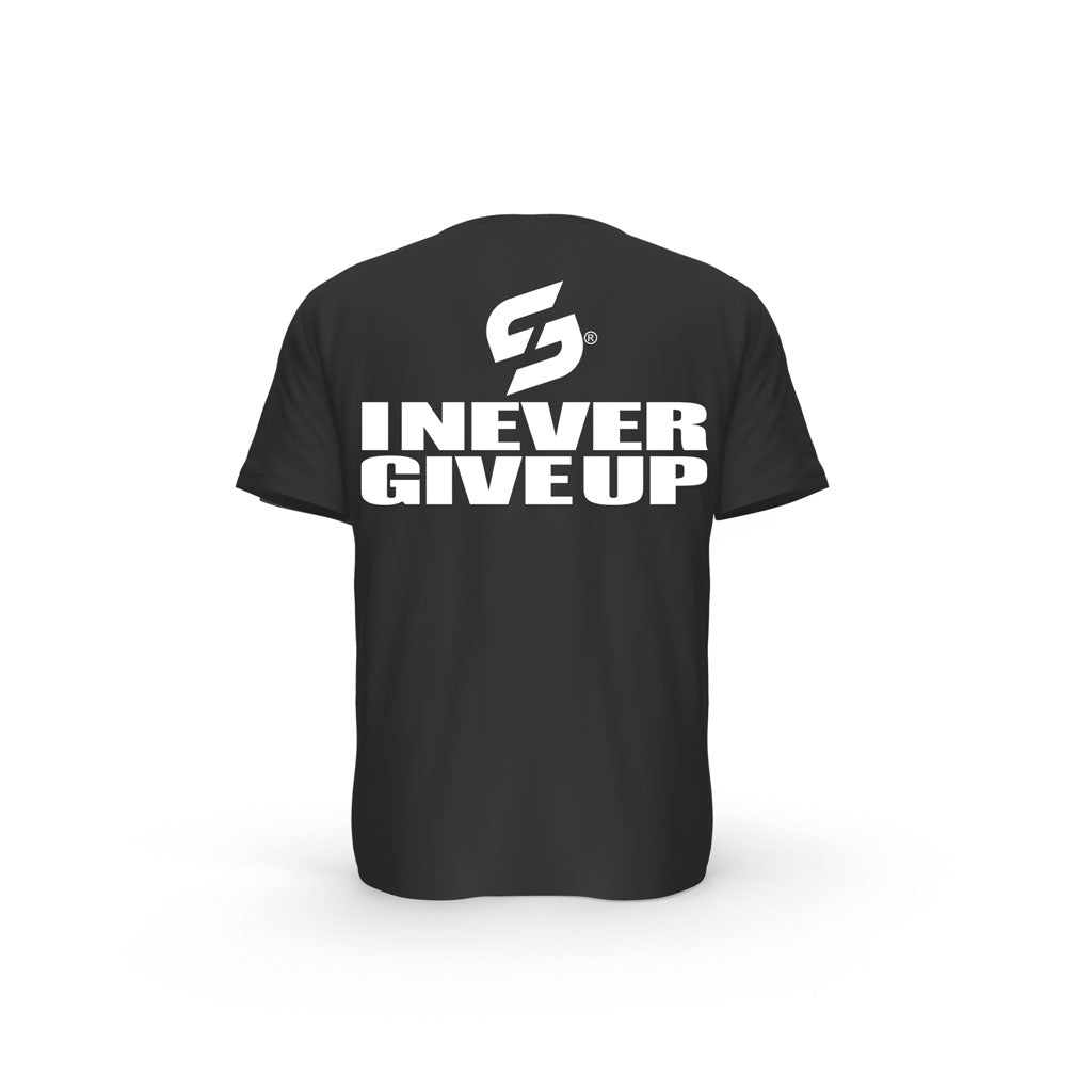 T-SHIRT- COTON-BIO-STRONG-WORK-I-NEVER-GIVE-UP-NOIR-DOS-FEMME