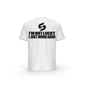 T-SHIRT- COTON-BIO-STRONG-WORK-I-M-NOT-LUCKY-I-JUST-WORK-HARD-BLANC-DOS-FEMME