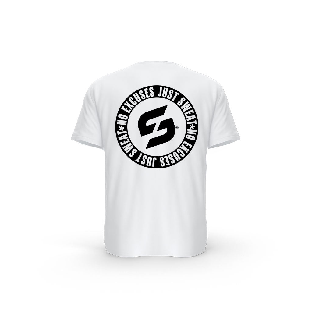 T-SHIRT- COTON-BIO-STRONG-WORK-INSPIRATION-NO-EXCUSES-JUST-SWEAT-BLACK-EDITION-BLANC-DOS-HOMME
