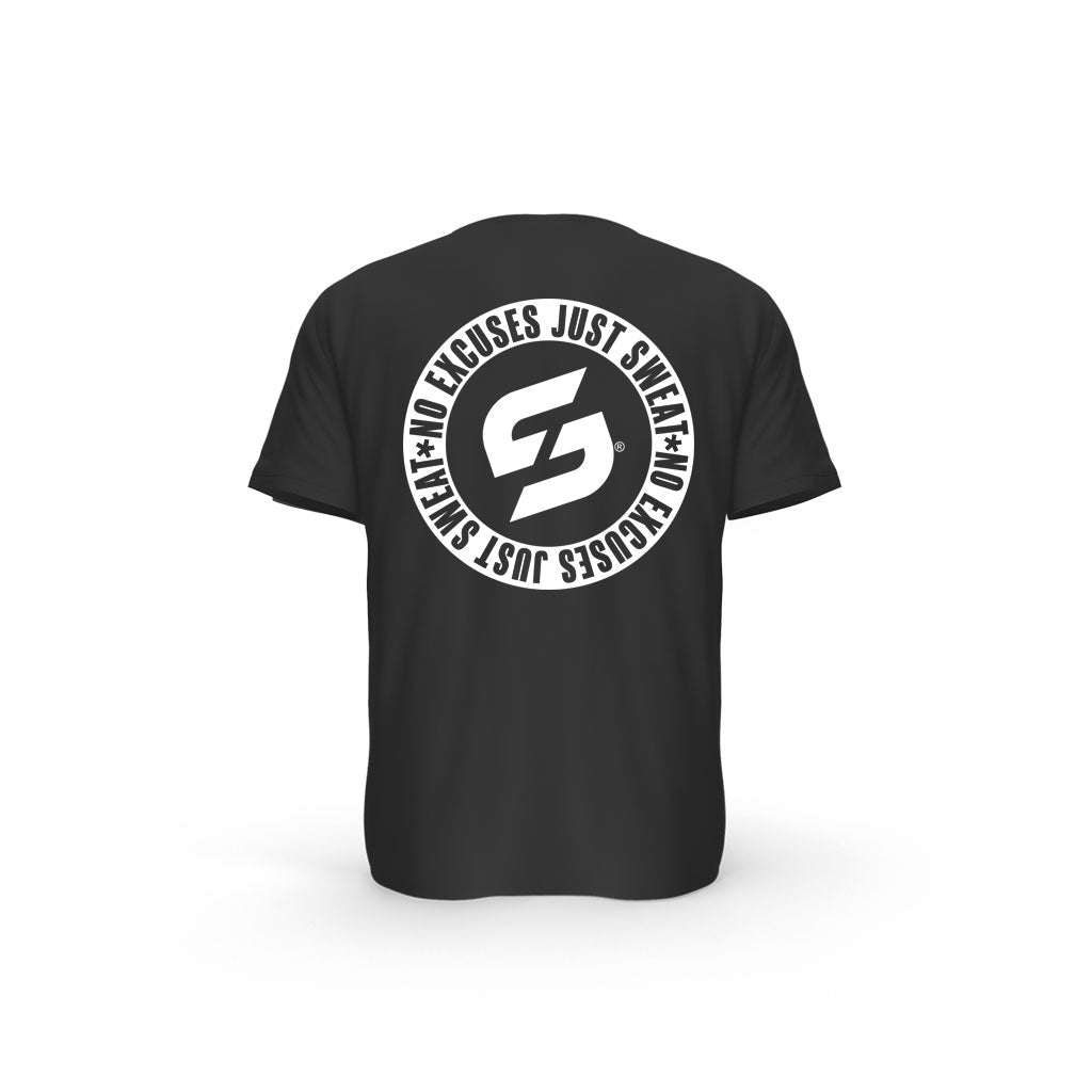 T-SHIRT- COTON-BIO-STRONG-WORK-INSPIRATION-NO-EXCUSES-JUST-SWEAT-BLACK-EDITION-DOS-NOIR-HOMME