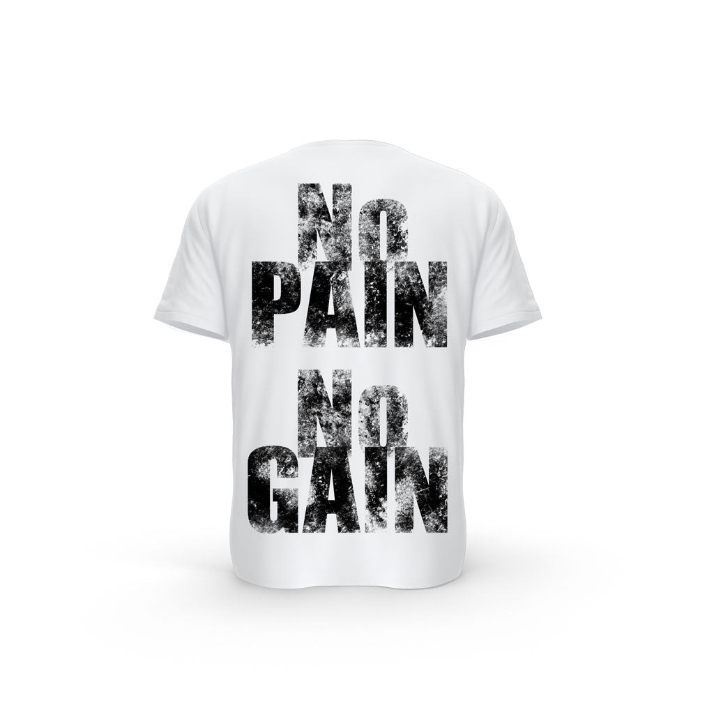 T-SHIRT- COTON-BIO-STRONG-WORK-NO-PAIN-NO-GAIN-BLANC-DOS-HOMME