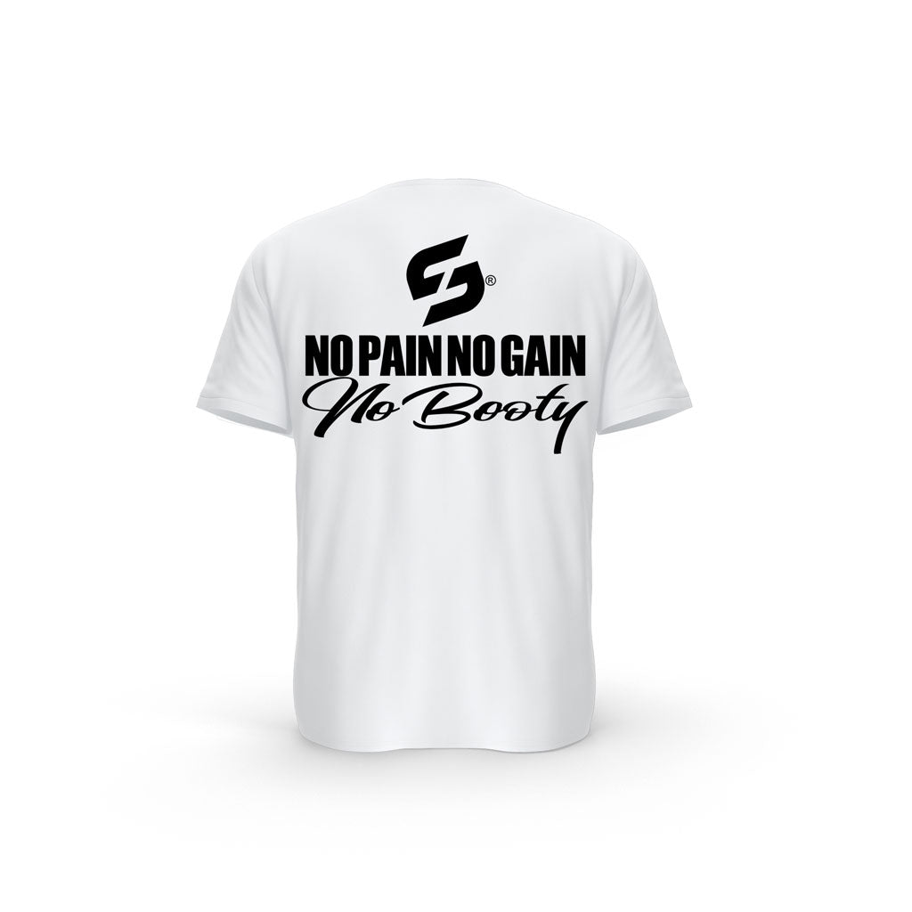 T-SHIRT- COTON-BIO-STRONG-WORK-NO-PAIN-NO-GAIN-NO-BOOTY-BLANC-DOS-FEMME