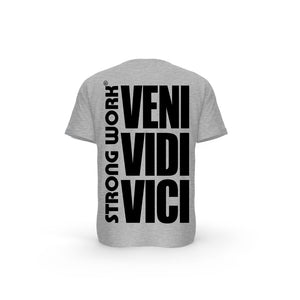 T-SHIRT- COTON-BIO-STRONG-WORK-VENI-VIDI-VICI-GRIS-CHINE-DOS-FEMME