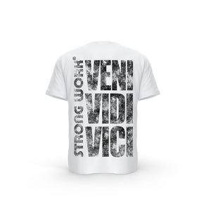 T-SHIRT- COTON-BIO-STRONG-WORK-GRUNGE-VENI-VIDI-VICI-BLANC-DOS-FEMME