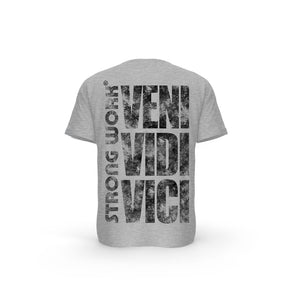 T-SHIRT- COTON-BIO-STRONG-WORK-GRUNGE-VENI-VIDI-VICI-GRIS-CHINE-DOS-HOMME